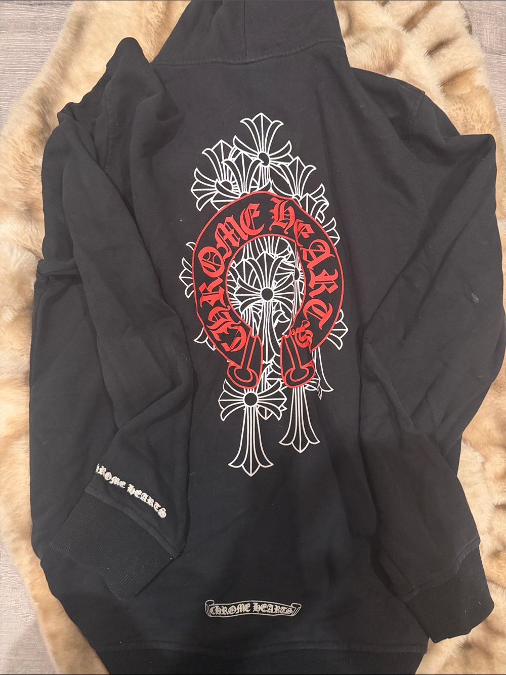 Chrome Hearts Black Hoodie with Red & White Horseshoe Back Graphic (UNISEX)